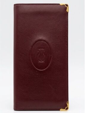 Must de Cartier Red Leather Long Bifold Wallet Bordeaux Gold Corner Tip Folding